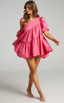 Harleen Mini Dress - Asymmetrical Trim Puff Sleeve Dress in Pink
