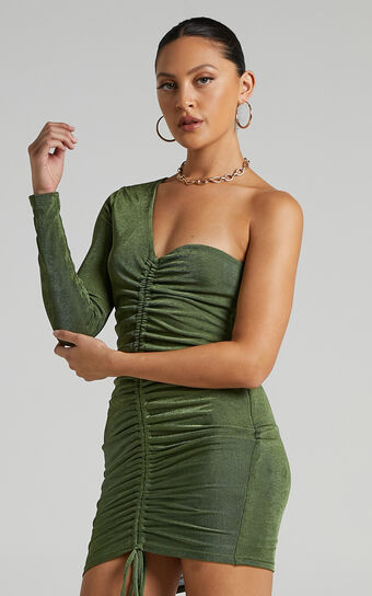Nicolle One Shoulder Ruched Mini Dress in Olive