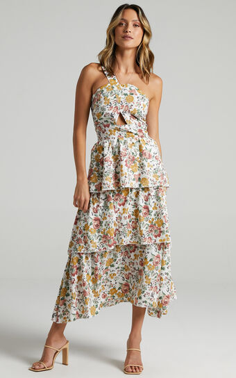 Caro One Shoulder Tiered Mini Dress in Multi Floral