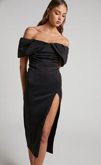 Rosbella Midi Dress - Off Shoulder Bodycon Dress in Black