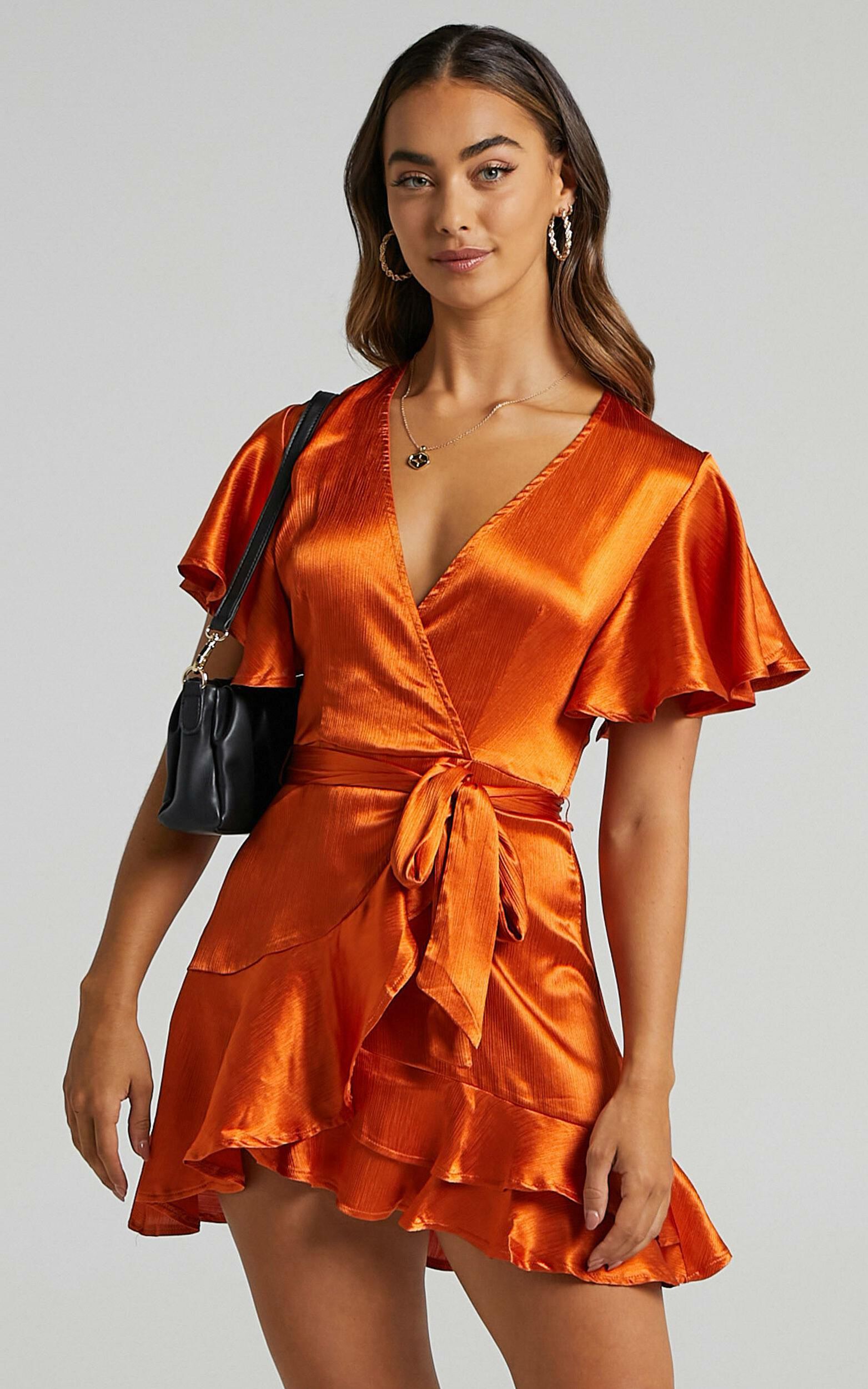 All I Want To Be Ruffle Mini Dress in Copper Satin - 06, GLD4