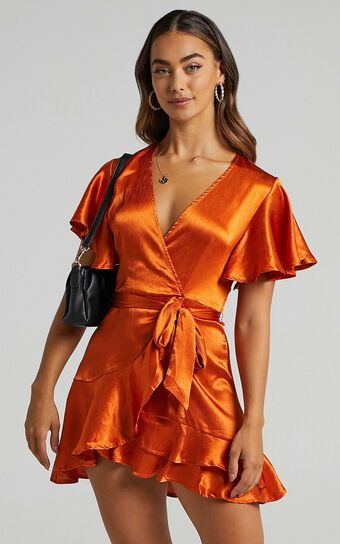 All I Want To Be Ruffle Mini Dress in Copper Satin