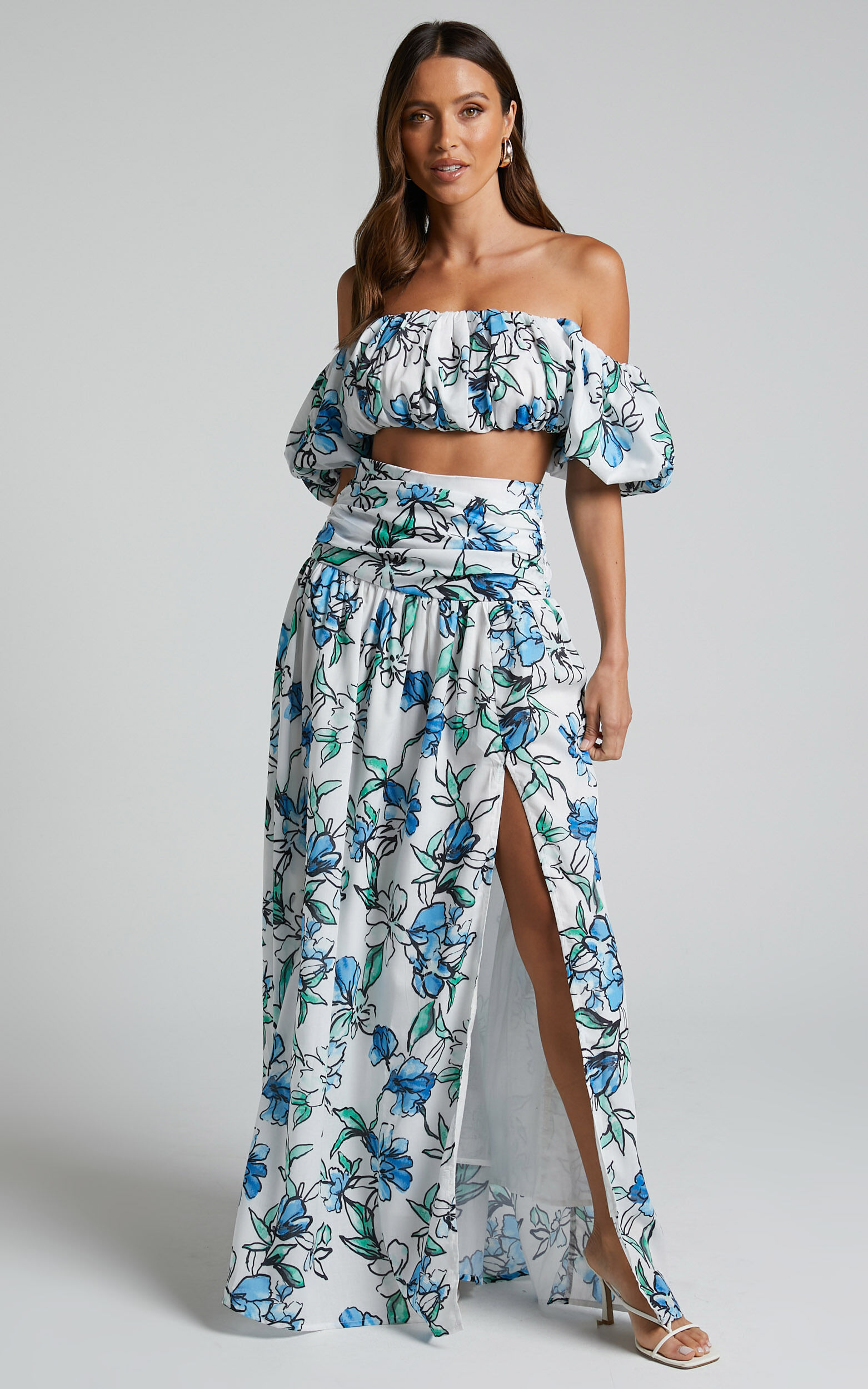Alezia Two Piece Set - Off Shoulder Crop Top and Gathered Waist Midi Skirt in Brush Stroke Floral - 06, WHT1, super-hi-res image number null