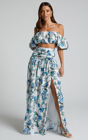 Alezia Two Piece Set - Off Shoulder Crop Top and Gathered Waist Midi Skirt in Brush Stroke Floral