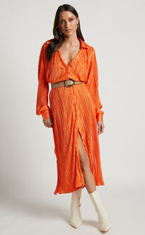 Donelli Midi Dress - Plisse Oversized Collared Shirt Dress in Orange
