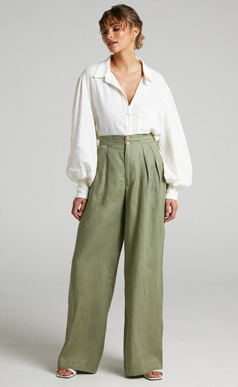 Amalie The Label - Celia Linen High Waisted Wide Leg Pants in Sage