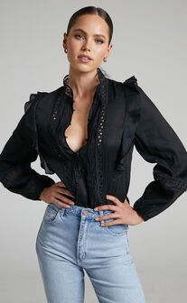 Rosalina Long Sleeve Broderie Lace Blouse in Black