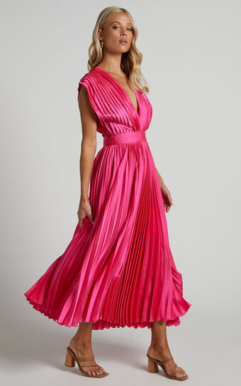 Della Maxi Dress - Plunge Neck Short Sleeve Pleated Dress in Hot Pink