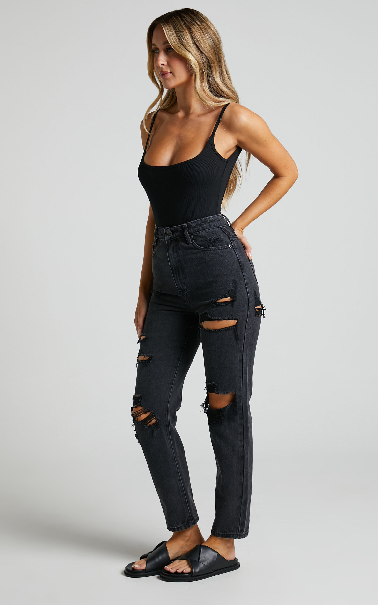 Billie High Waisted Recycled Cotton Distressed in Black | Showpo USA