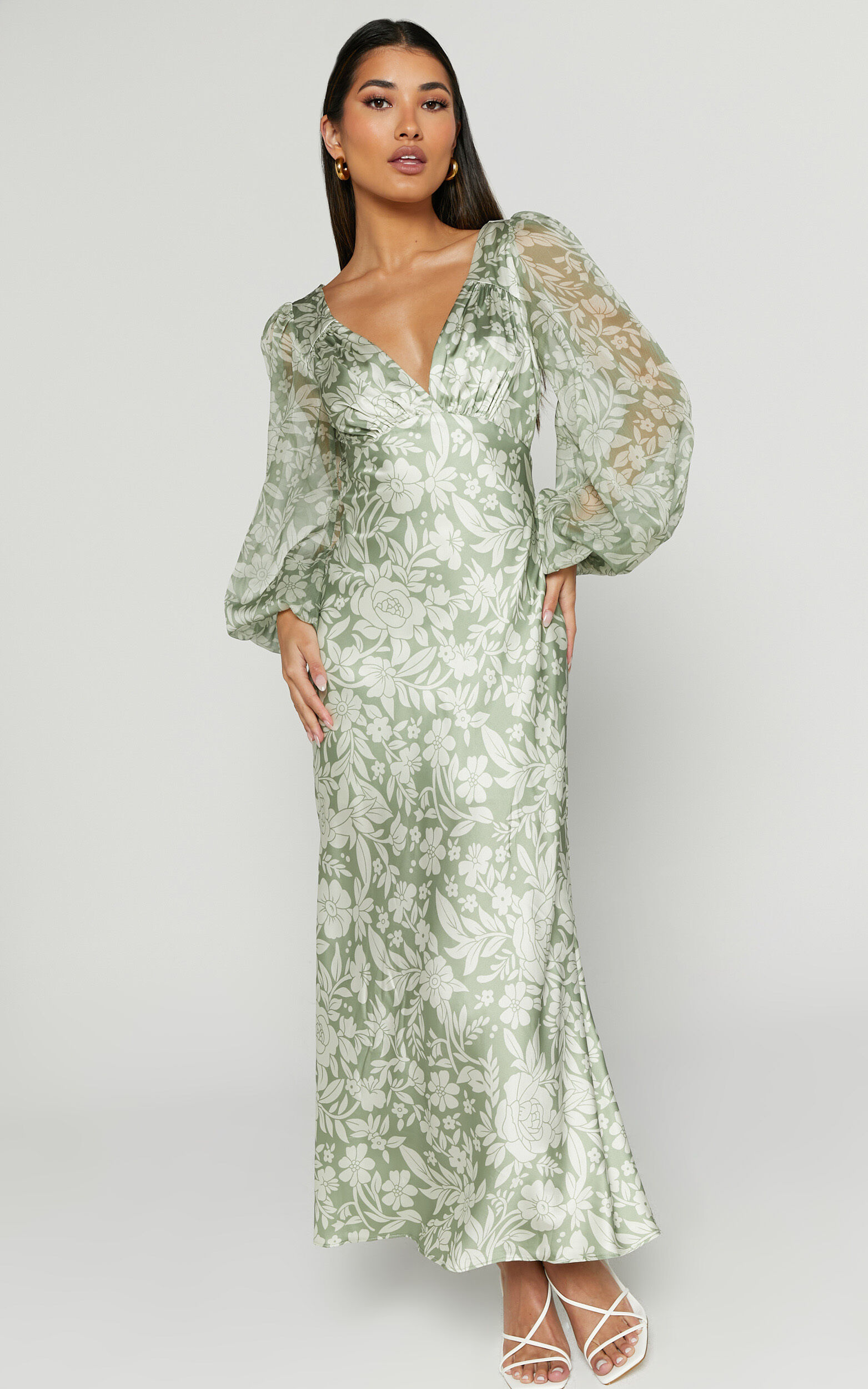 Freollyn Midi Dress - Deep V Neck Long Sleeve Dress in Sage | Showpo
