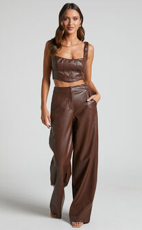 Minx Faux Leather Wide Leg Trousers in Chocolate