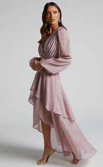Claudita Midaxi Dress - Long Sleeve High Low Hem Dress in Dusty Rose