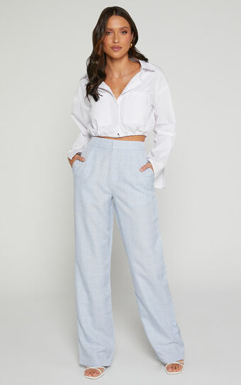 Hollie Tailored Pant - High Waisted Relaxed Straight Leg in Light Blue Check