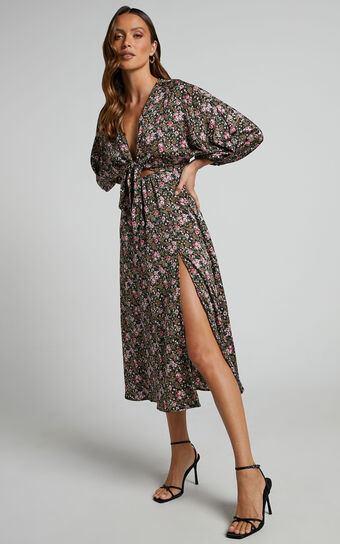 Fayette Long Sleeve Tie Front Thigh Slit Midi Dress in Black Floral
