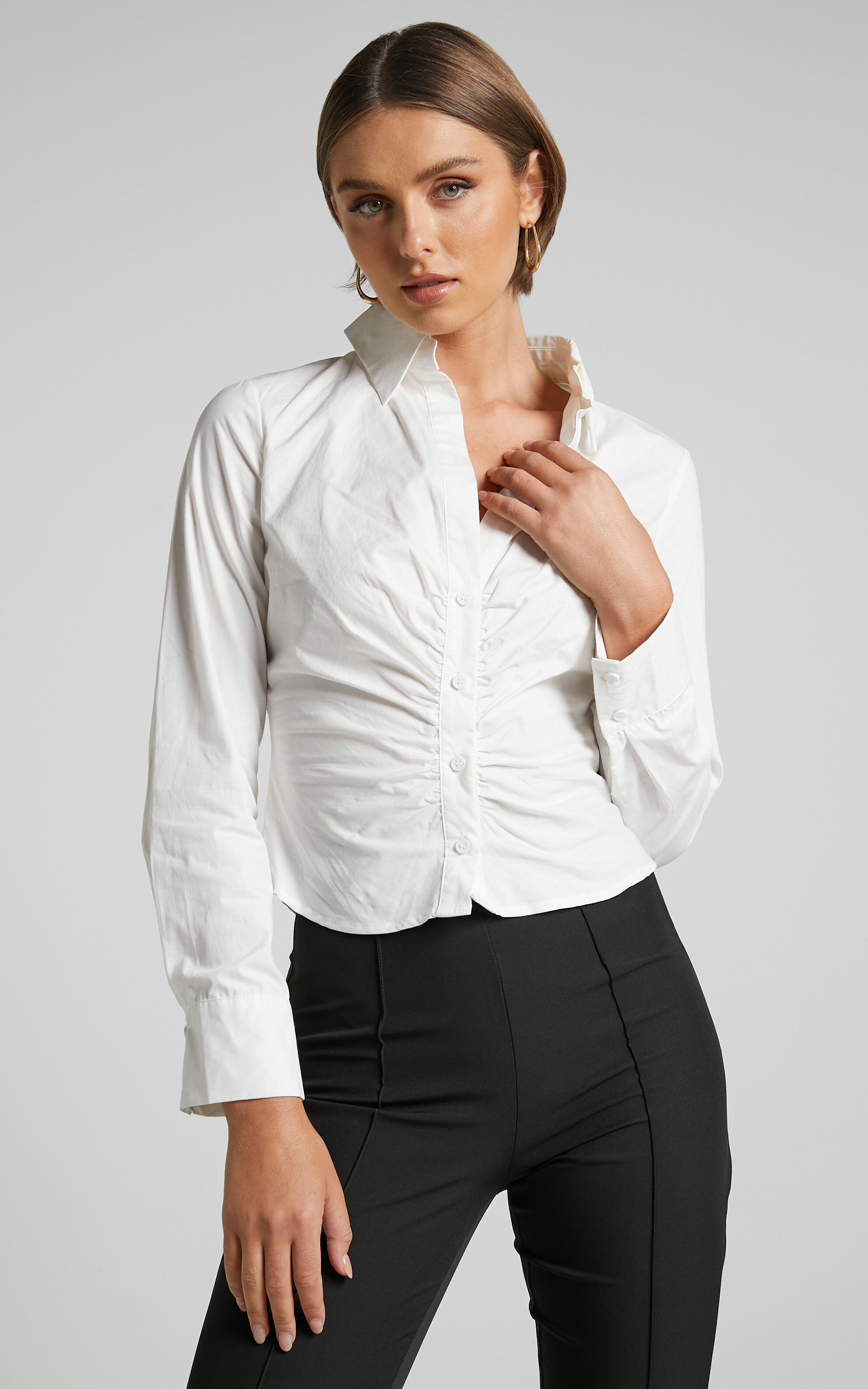 Cleone Ruched Front Button Up Shirt in White - 04, WHT1, super-hi-res image number null