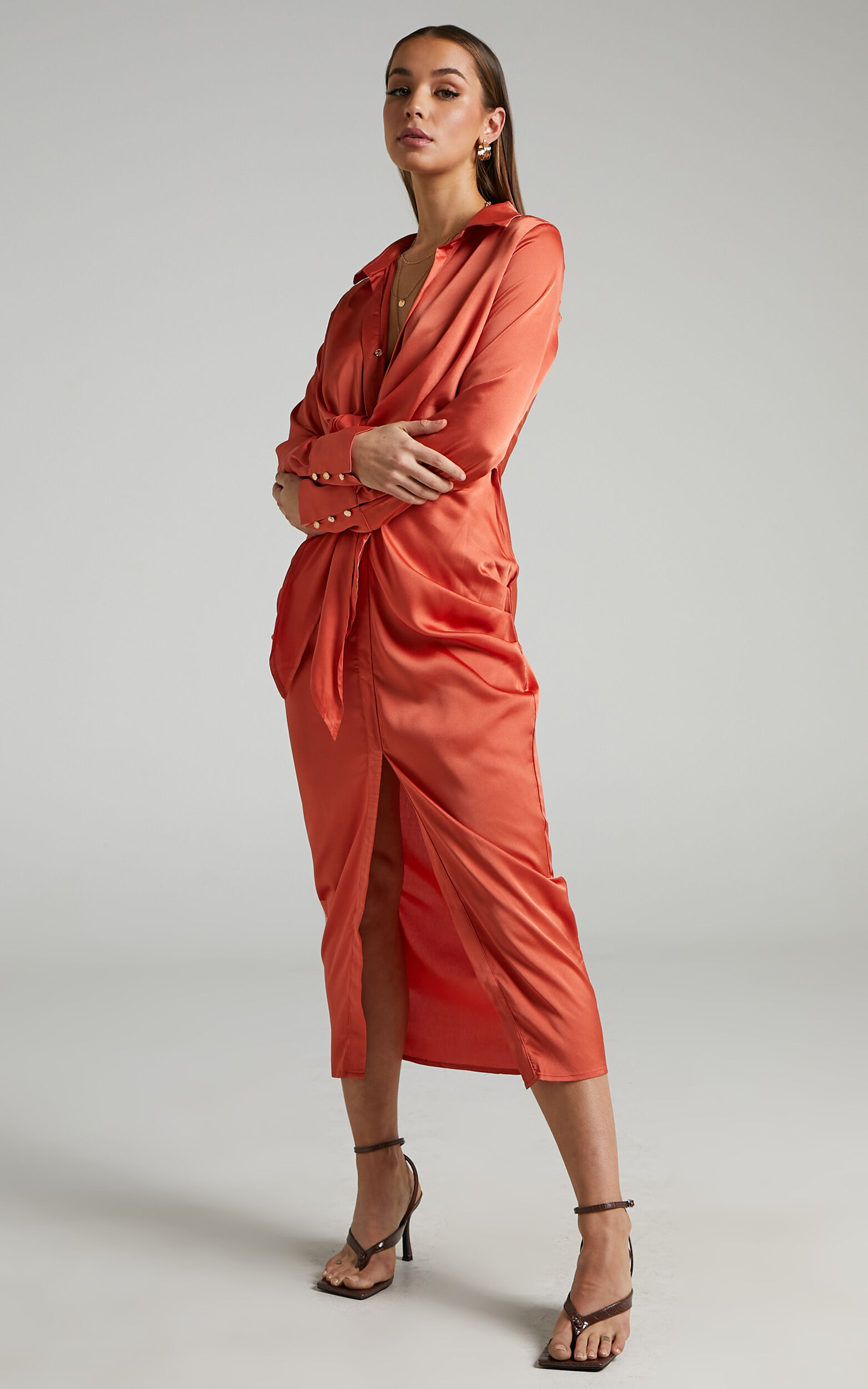 Runaway The Label - Skylar Shirt Dress in Amber - L, RED1, super-hi-res image number null