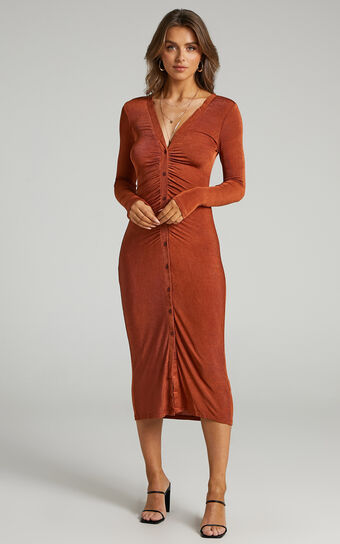 Keagan Ruched Button Front Midi Dress in Rust