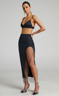 Nina Midi Skirt - Diamante Mesh Skirt in Black