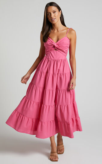 Leticia Maxi Dress - Twist Front Tie Strap Tiered Dress in Hot Pink