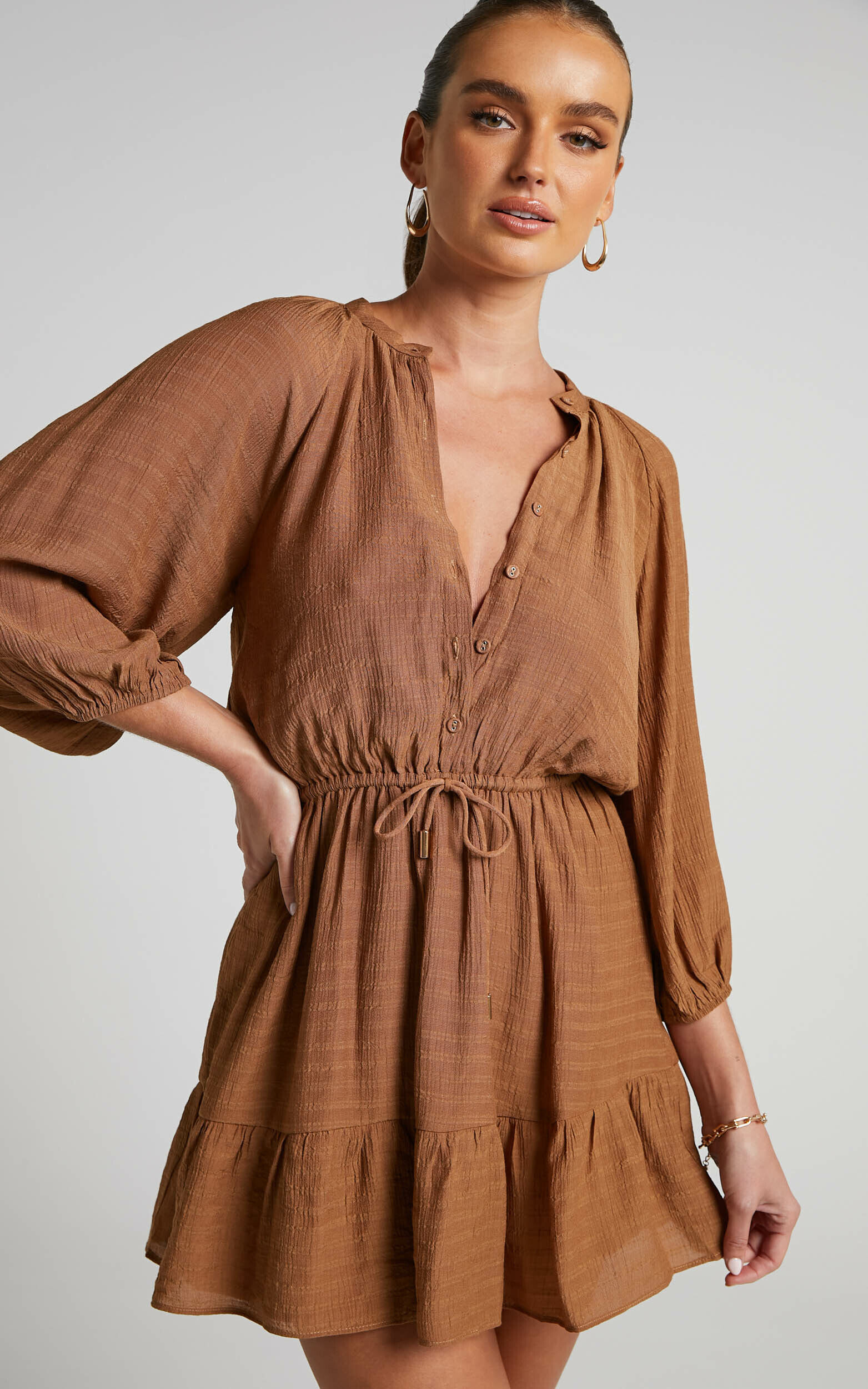 Romarie Mini Dress - Blouson Sleeve Tiered Dress in Brown - 06, BRN1