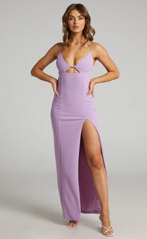 Nikkolyn Cut Out Thigh Split Maxi Dress in Lilac