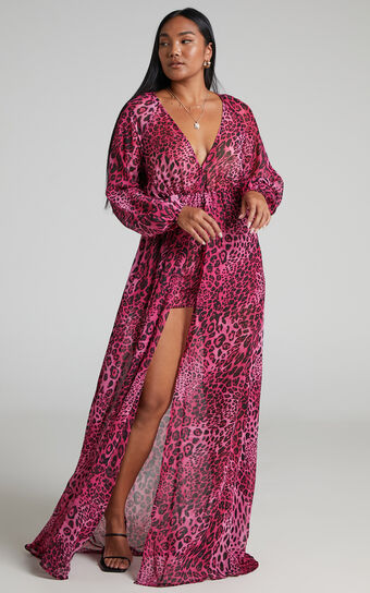 Aziza Playsuit - Plunge Neck Maxi Skirt Playsuit in Pink Leopard