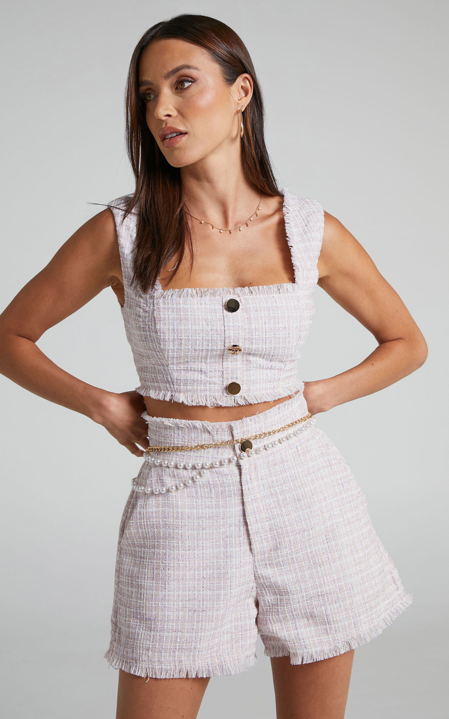 Showpo | Agnes Boucle Two Piece Set - Tweed Check Crop Top and High Waisted Shorts in White Pink