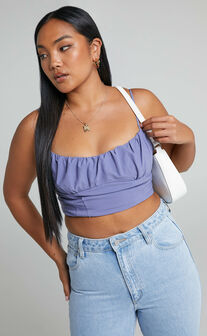 Keriana Gathered Front Corset Crop Top in Steel Blue