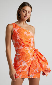 Brailey Mini Dress - One Shoulder Wrap Front Dress in Orange Jacquard