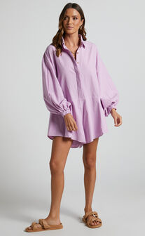 Anka Playsuit - Relaxed Button Front Shirt Playsuit in Lilac
