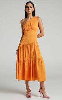 Celestia Tiered One Shoulder Midi Dress in Mango