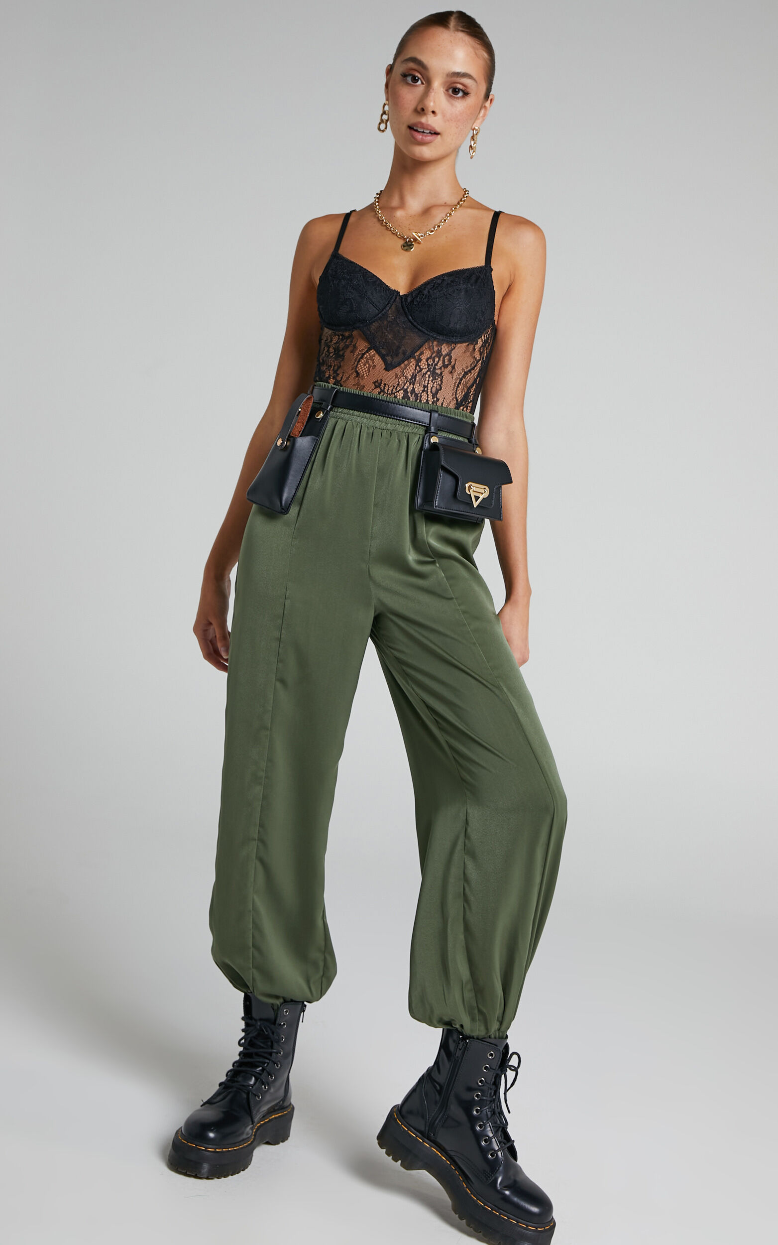 Antonella Pants - High Waisted Elasticated Pants in Olive - 06, GRN1