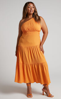 Celestia Midi Dress - Tiered One Shoulder Dress in Mango