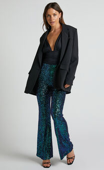Deliza Pants - Mid Waisted Sequin Flare Pants in Mermaid Teal
