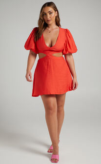Jacqueline Side Cut Out Puff Sleeve Mini Dress in Red