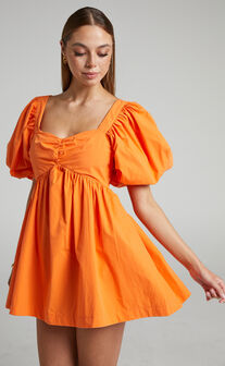Vashti Puff Sleeve Mini Dress in Orange