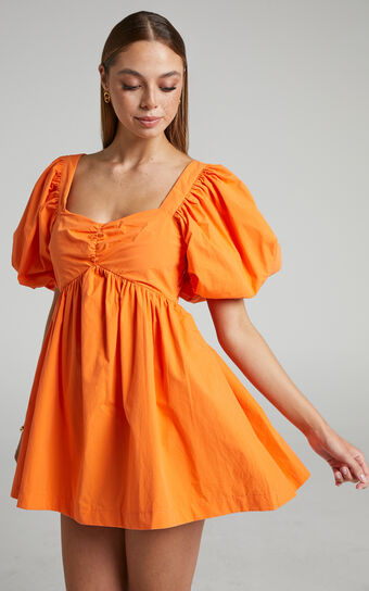 Vashti Mini Dress - Puff Sleeve Sweetheart Dress in Orange