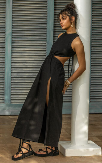 Amalie The Label - Ivy Linen Look Cotton Cut Out Waist Tie Back Side Split Midi Dress in Black