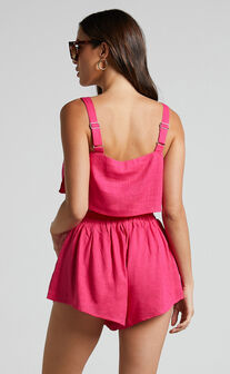 Zanrie Square Neck Crop Top and High Waist Mini Flare Shorts in Hot Pink