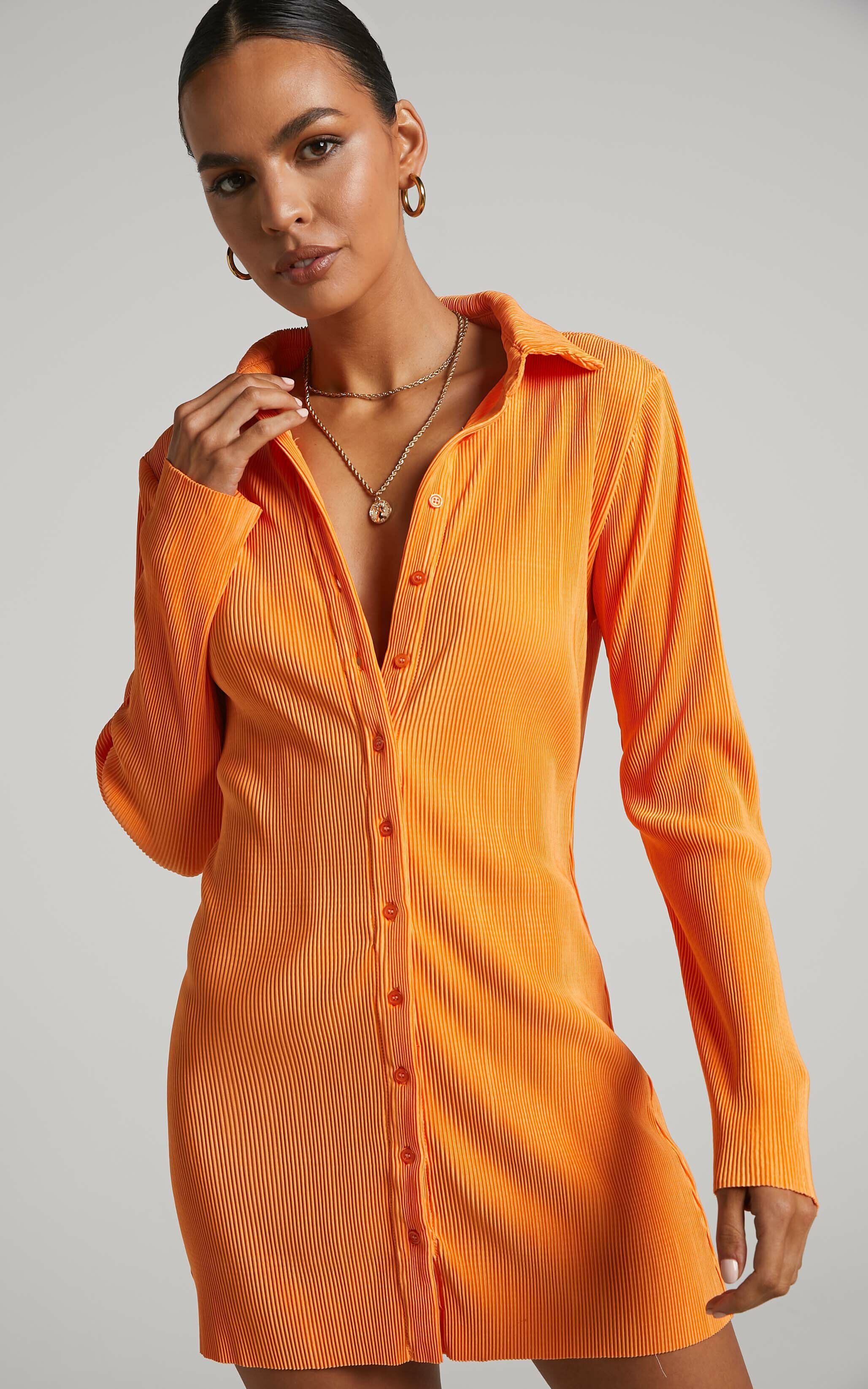 Amarante Mini Dress - Plisse Button Up Shirt Dress in Orange - 04, ORG1, super-hi-res image number null