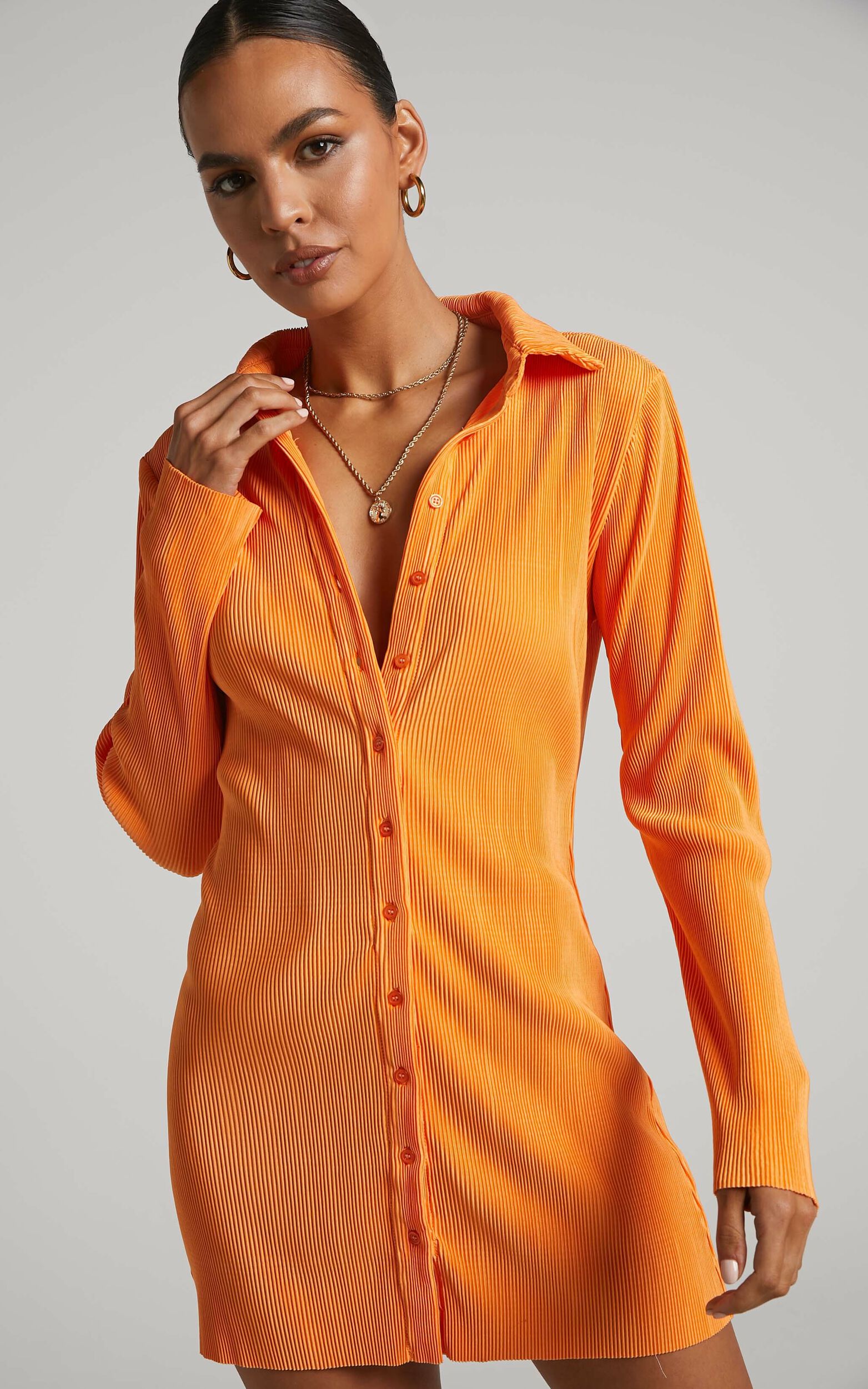 Amarante Mini Dress - Plisse Button Up Shirt Dress in Orange - 04, ORG1