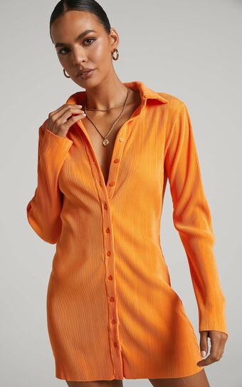 Amarante Mini Dress - Plisse Button Up Shirt Dress in Orange