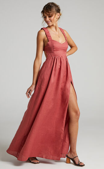 Amalie The Label - Lucianna Linen Elasticated Strap Backless Maxi Dress in Dusty Rose