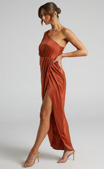 Genoise Midaxi Dress - One Shoulder Draped Asymmetric Satin Dress in Pink Clay