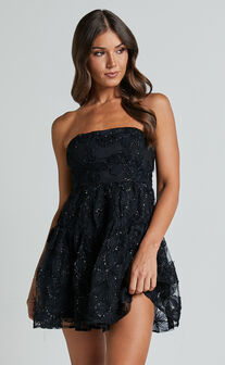 Marzy Mini Dress - Strapless Floral Detail Lace Fit and Flare Dress in Black