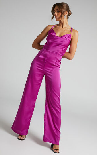 Kylene Cowl Neck Palazzo Satin Jumpsuit in Mulberry