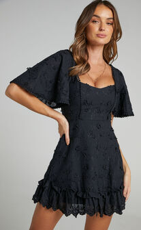 Fancy A Spritz Square Neck Mini Dress in Black Embroidery