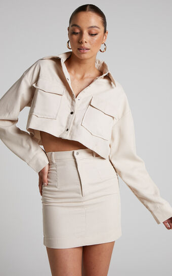Mervin Two Piece Set - Corduroy Cropped Shirt and Mini Skirt in Cream