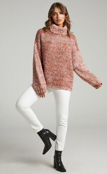 Juney Oversized Knit Jumper with High Neck and Balloon Sleeves in Beige