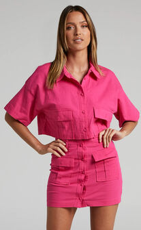 Navine Button Front Crop Top and Cargo Pocket Mini Skirt Two Piece Set in Hot Pink